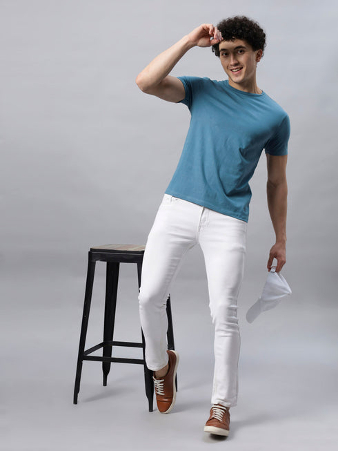 Men's 100% Cotton Round Neck Solid T-shirt Steel Blue